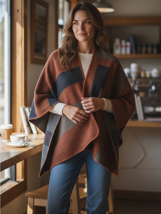 BB Dakota Sweaters - BB Dakota Brown and Gray Colorblock Poncho